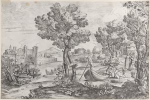 Paysage avec un homme tenant un serpent devant un enfant terrifié, observé par une personne à la mode, 1626-80 - Giovanni Francesco Grimaldi