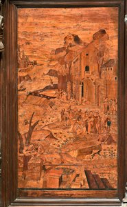 Gênes, Duomo (cathédrale Saint-Laurent), intérieur, abside, chœur, côté nord : "Moïse sauvé des eaux", marqueterie de bois par Giovanni Francesco Zambelli (XVIe siècle)