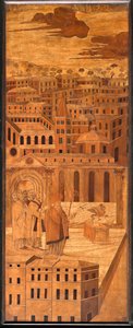 Gênes, Duomo (cathédrale Saint-Laurent), intérieur, abside, chœur, côté nord : "Saint Syrus chasse le basilic", marqueterie de bois par Anselmo De