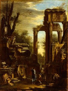 Caprice de ruines classiques et statues avec figures conversant - Giovanni Ghisolfi