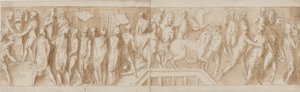 Soldats romains construisant un camp (fin de LXXXII); une adresse (LXXXIII); Romains traversant une rivière sur un pont de bateaux (LXXXIV); des femmes sont faites prisonnières (début de LXXXV) - Giovanni Guerra