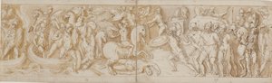 Soldats romains traversant une rivière en bateaux (largement restauré ; XXXIV)2 ; un soldat romain combattant (de la fin de XXIV) ; gardes romains amenant des prisonniers barbares devant l