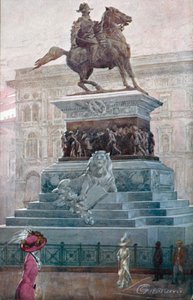 Milan : Monument à Vittorio Emanuele II (lithographie en couleur) - Giovanni Guerzoni