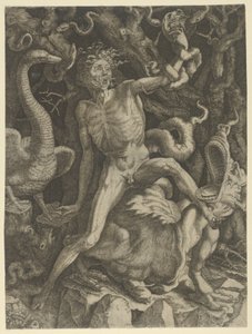Furie personnifiée comme un vieil homme chevauchant un monstre, tenant un crâne dans sa main gauche, vers 1520-39