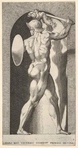 Planche 9 : Mars dans une niche, tenant une épée au-dessus de sa tête avec son bras droit, et un bouclier, 1526 - Giovanni Jacopo Caraglio
