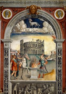 Signe du zodiaque : Bélier. Médaillons supérieurs avec portraits de Jules César et Auguste. En dessous, légende associée à la naissance de la constellation correspondant au signe : Caius Mucius Scaevola, introduit dans le camp ennemi du roi étrusque - Giovanni Maria Falconetto