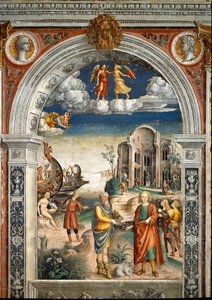 Signe du Zodiaque : Les Gémeaux. En dessous, légende associée à la naissance de la constellation correspondant au signe : deux hommes échangent un artichaut et des fleurs. Une femme embrasse un oiseau, des hommes en arrière-plan accompagnent le dieu Neptun - Giovanni Maria Falconetto