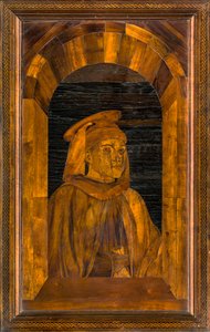 Chœur canonial en bois, Marqueterie par Giovanni Maria Platina 1484, Stalle supérieure, Sant