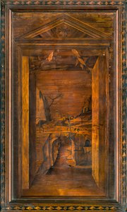 Chœur canonial en bois, Marqueterie par Giovanni Maria Platina 1484, Stalle supérieure