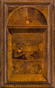 Chœur canonique lignaean, incrusté par Giovanni Maria Platina 1484, Stallo supérieur, Vue du château Sforzesco de Milan - Giovanni Maria Platina
