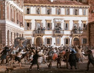 Le général Domenico Pino (1760-1826) harangue les insurgés sur la place du Teatro dei Filodrammatici à Milan le 20/04/1811. Peinture de Giovanni Migliara (1785-1837) Milan, Museo di Milano - Giovanni Migliara