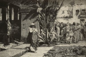 Madeleine, femme avec turban et procession dans un village du Moyen-Orient, gravure par les frères Cantagalli d