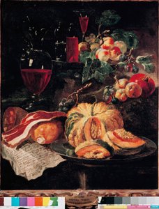 Nature morte avec citrouille, bacon, jambon, pêches et vin - Giovanni Paolo Castelli