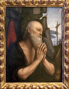 Saint Jérôme pénitent. Peinture de Giovanni Pedrini ou Giovan Pietro Rizzi ou Gian Pietro Rizzoli connu sous le nom de Giampietrino (actif de 1495 à 1549), huile sur bois, art italien, de l