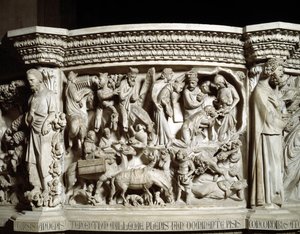 Détail des reliefs de la chaire réalisée par Giovanni Pisano (1248-1314) : le voyage et l