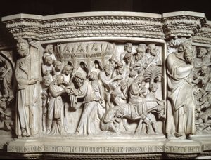Détail des reliefs de la chaire réalisée par Giovanni Pisano (1248-1314) : la présentation de Jésus au temple et la fuite en Égypte (détail) 1302-1311 Cathédrale de Pise (Duomo di Pisa), Italie - Giovanni Pisano