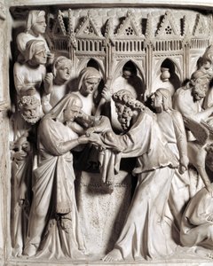 Détail des reliefs de la chaire réalisée par Giovanni Pisano (1248-1314) : la présentation de Jésus au temple (détail des reliefs du pupitre en marbre) 1302-1311 Cathédrale de Pise (Duomo di Pisa), Italie - Giovanni Pisano
