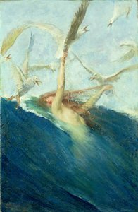 Une sirène harcelée par des mouettes