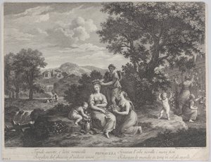 Primavera, un groupe de femmes cueillant des fleurs et en faisant des couronnes, vers 1764