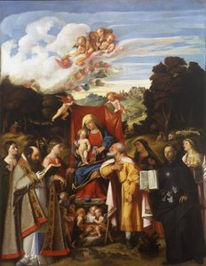 Madone en majesté avec anges, Sainte Apollonie, Saint Augustin, Sainte Catherine, Saint Joseph, Sainte Grata, Saint Philippe Benizzi et Sainte Barbara (Retable de Saint-Gothard) - Giovanni de Busi Cariani
