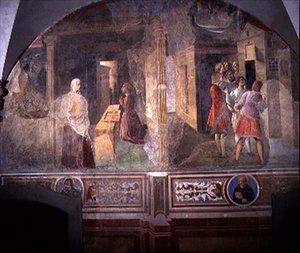 Saint Benoît réparant le tamis cassé, détail du cycle de fresques de la Vie de Saint Benoît du Chiostro degli Aranci, vers 1430 (détail)
