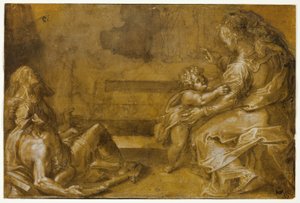 Deux mendiants allongés, et mère et enfant assis, au pied des marches - Girolamo Macchietti