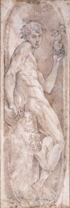 Adam tenant une pomme, assis, dans un médaillon, vers 1547-1553 - Girolamo Mazzola Bedoli