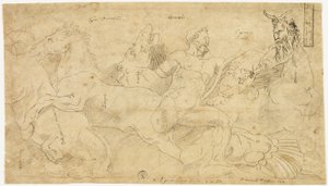 Relief antique avec Hercule et les juments de Diomède (recto) ; Deux esquisses : Satyre drapé et figure féminine ailée (verso) - Girolamo da Carpi