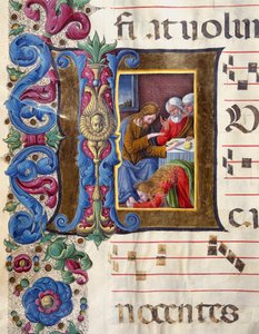 Lettrine décorée représentant Marie-Madeleine aux pieds de Jésus. Miniature par Girolamo da Cremona (actif vers 1451-1483) et Liberale da Verona (1445-1529) d