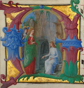 Enluminure de manuscrit avec les Saintes Femmes au tombeau dans une initiale A