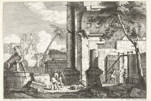 Ruines antiques avec pilleurs de tombes et palmier - Giuliano Giampiccoli