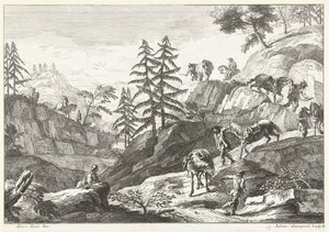 Paysage de montagne avec cavaliers menant des chevaux en descente sur un chemin (Italiaanse landschappen) - Giuliano Giampiccoli