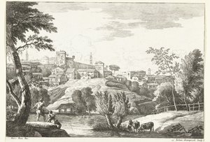 Paysage vallonné avec ville et pêcheur