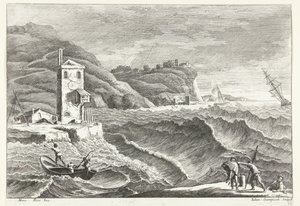 Paysage côtier avec tempête en mer et phare - Giuliano Giampiccoli