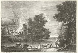 Paysage au clair de lune avec incendie (série: Paysages italiens)