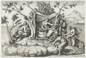 Latone donnant naissance à Apollon et Diane, gravé par Diana Mantovana, après 1575 - Giulio (after) Romano