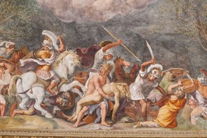 Ajax protégeant le corps de Patrocle pendant la bataille de Troie (Le Cheval de Troie, Chambre de Troie) - Giulio (and workshop) Romano