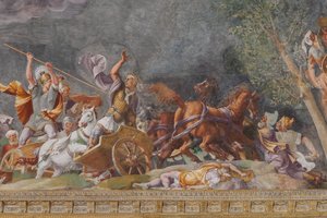 Détail représentant une bataille, Le Cheval de Troie, Chambre de Troie (Sala di Troia) - Giulio (and workshop) Romano