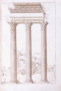 Les colonnes du temple de Castor et Pollux, avec le temple de la Paix en arrière-plan, c.1550 - Giulio (circle of) Romano