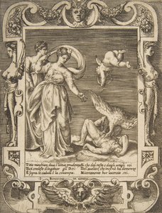 Un vautour mangeant les entrailles de Titius, Cupidon au-dessus de deux femmes à gauche, dans un cadre élaboré - Giulio Bonasone
