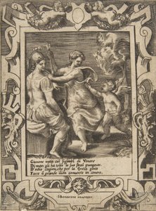 Athéna assise près de Junon qui a pris les flèches de Cupidon - Giulio Bonasone
