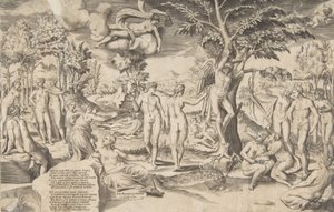 Cupidon dans les Champs Élysées attaché à un arbre au centre, entouré de nombreuses figures, 1563 - Giulio Bonasone