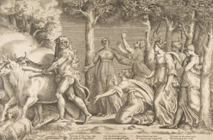 Hercule chassant le bétail de Géryon, à droite les nymphes des Hespérides, vers 1531-76 - Giulio Bonasone