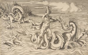 Hercule combattant un dragon au centre, Achéloos emportant Déjanire en haut à gauche - Giulio Bonasone