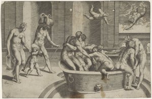 Hommes et femmes dans une grande baignoire - Giulio Bonasone