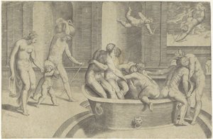 Hommes et femmes dans une grande baignoire - Giulio Bonasone