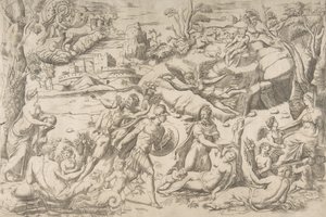Mars et Rhéa Silvia : au centre Mars tient un bouclier et une épée, Rhéa Silvia dort..., vers 1531-76 - Giulio Bonasone