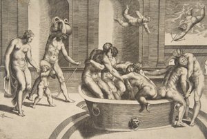 Hommes et femmes se baignant, certains s