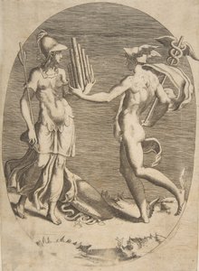 Mercure présentant une flûte de Pan à Minerve qui se tient à gauche, une composition ovale, 1531-76 - Giulio Bonasone
