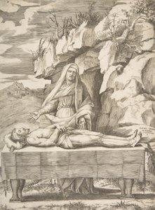 Pietà, Christ étendu sur une table dans un paysage, la Vierge debout derrière bras ouverts, 1531-76